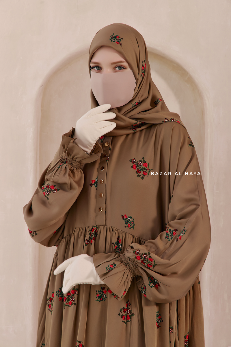 Camel Mahfuza Oversized Abaya Dress With Hijab Two Piece Set - Silk Cotton