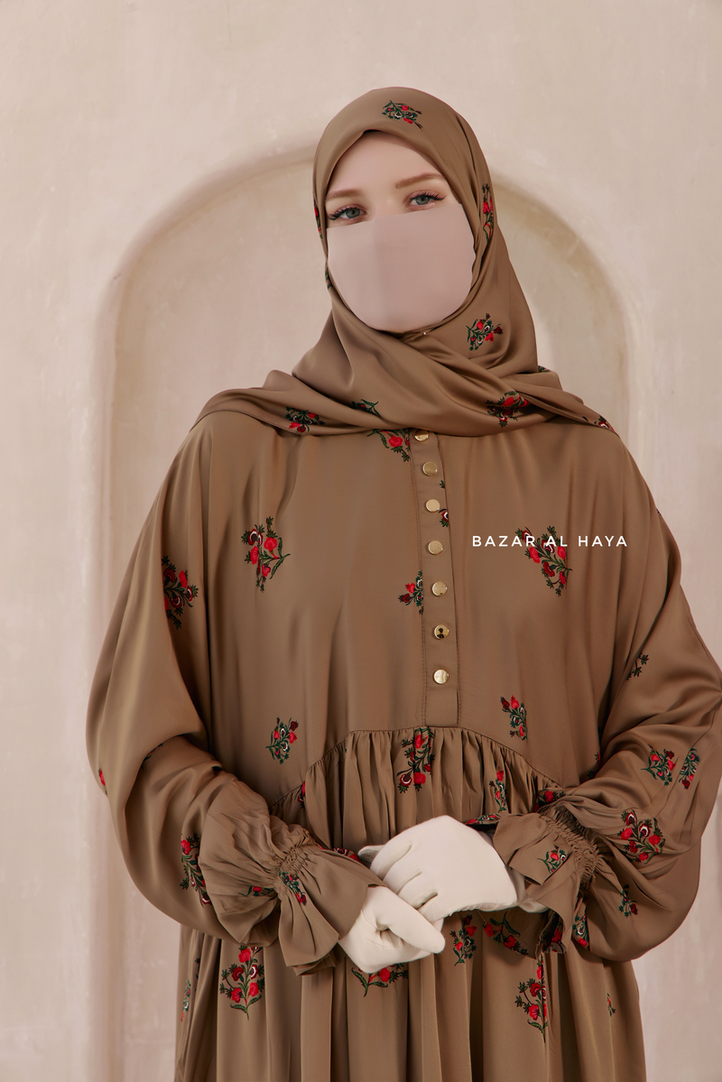 Camel Mahfuza Oversized Abaya Dress With Hijab Two Piece Set - Silk Cotton