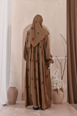 Camel Mahfuza Oversized Abaya Dress With Hijab Two Piece Set - Silk Cotton