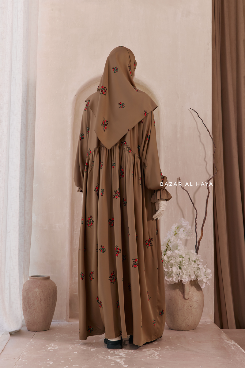 Camel Mahfuza Oversized Abaya Dress With Hijab Two Piece Set - Silk Cotton