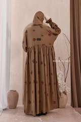 Camel Mahfuza Oversized Abaya Dress With Hijab Two Piece Set - Silk Cotton
