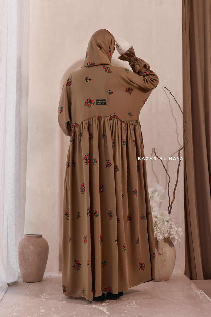 Camel Mahfuza Oversized Abaya Dress With Hijab Two Piece Set - Silk Cotton