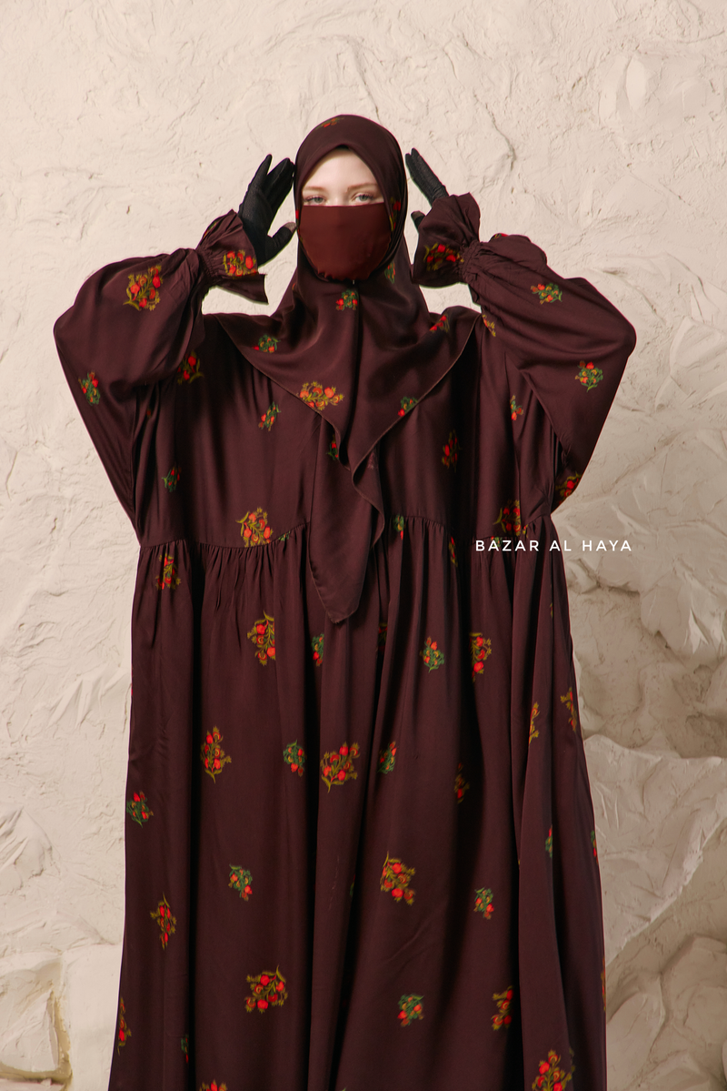Chocolate Mahfuza Oversized Abaya Dress With Hijab Two Piece Set - Silk Cotton