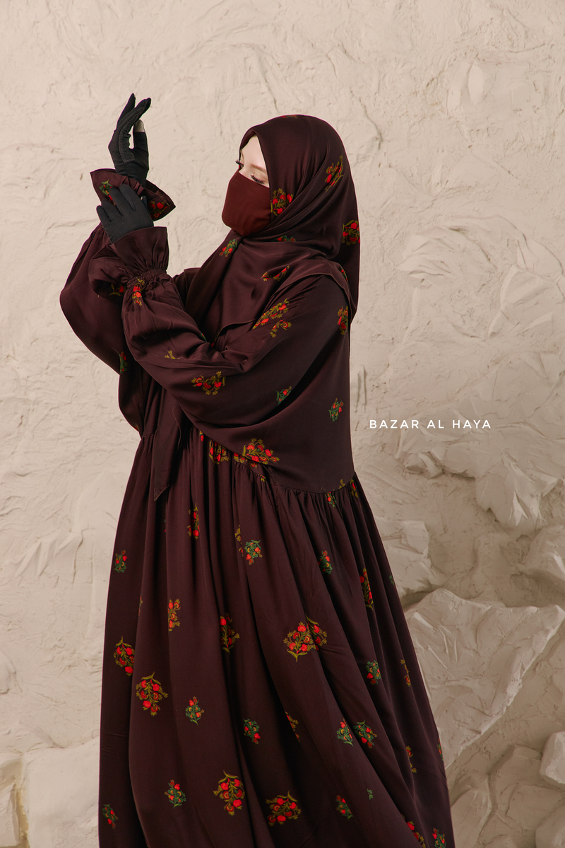 Chocolate Mahfuza Oversized Abaya Dress With Hijab Two Piece Set - Silk Cotton