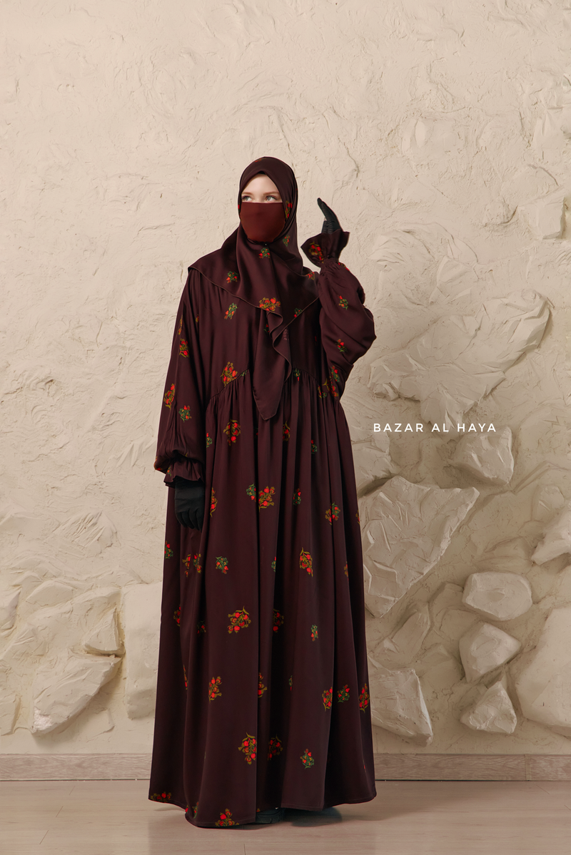 Chocolate Mahfuza Oversized Abaya Dress With Hijab Two Piece Set - Silk Cotton
