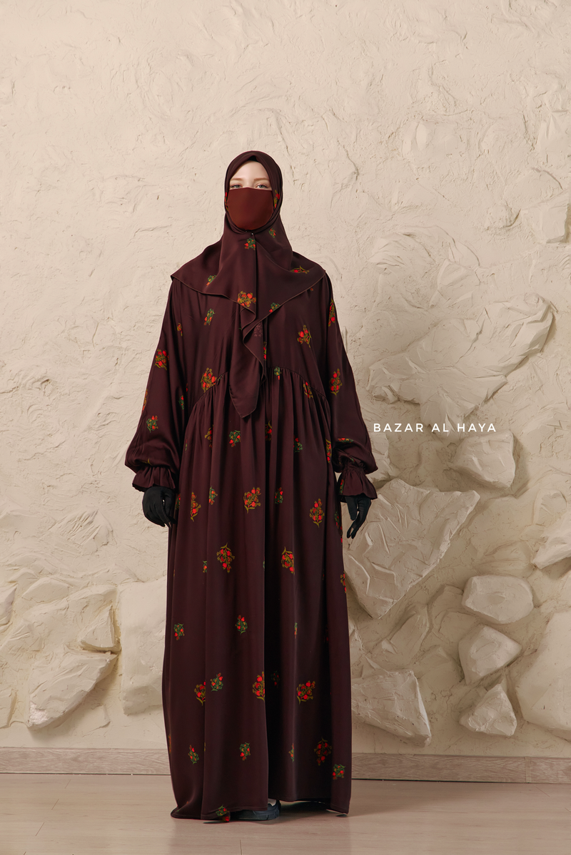 Chocolate Mahfuza Oversized Abaya Dress With Hijab Two Piece Set - Silk Cotton