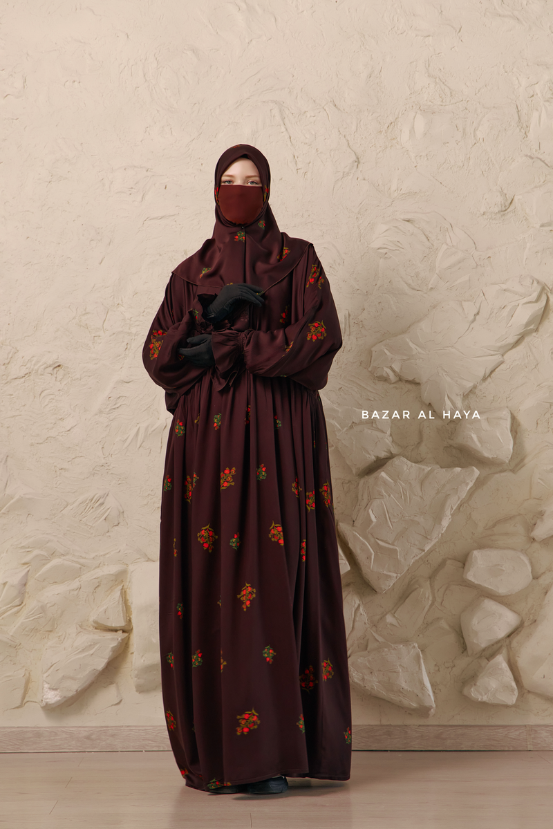 Chocolate Mahfuza Oversized Abaya Dress With Hijab Two Piece Set - Silk Cotton