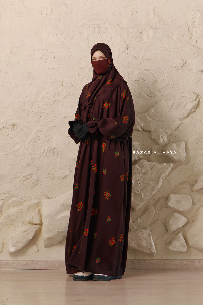 Chocolate Mahfuza Oversized Abaya Dress With Hijab Two Piece Set - Silk Cotton