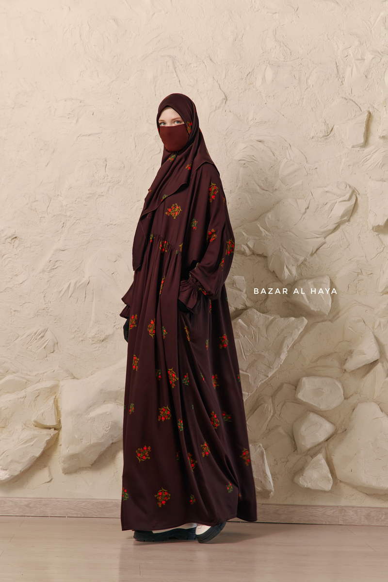 Chocolate Mahfuza Oversized Abaya Dress With Hijab Two Piece Set - Silk Cotton Chocolate Mahfuza Oversized Abaya Dress With Hijab Two Piece Set - Silk Cotton