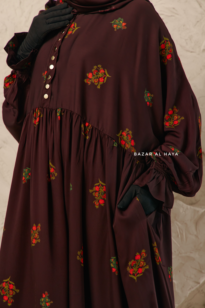 Chocolate Mahfuza Oversized Abaya Dress With Hijab Two Piece Set - Silk Cotton