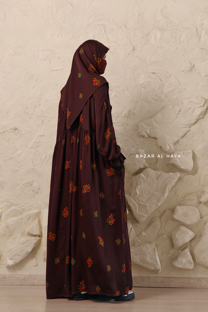 Chocolate Mahfuza Oversized Abaya Dress With Hijab Two Piece Set - Silk Cotton