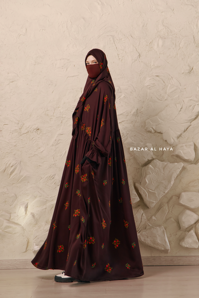 Chocolate Mahfuza Oversized Abaya Dress With Hijab Two Piece Set - Silk Cotton