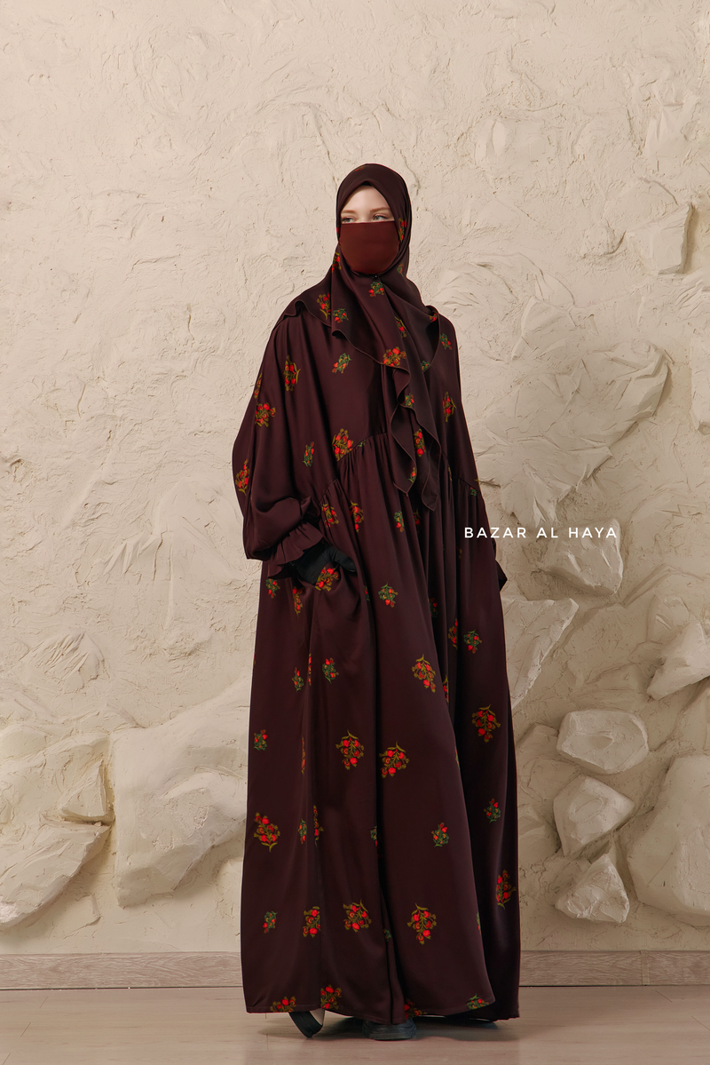 Chocolate Mahfuza Oversized Abaya Dress With Hijab Two Piece Set - Silk Cotton Chocolate Mahfuza Oversized Abaya Dress With Hijab Two Piece Set - Silk Cotton
