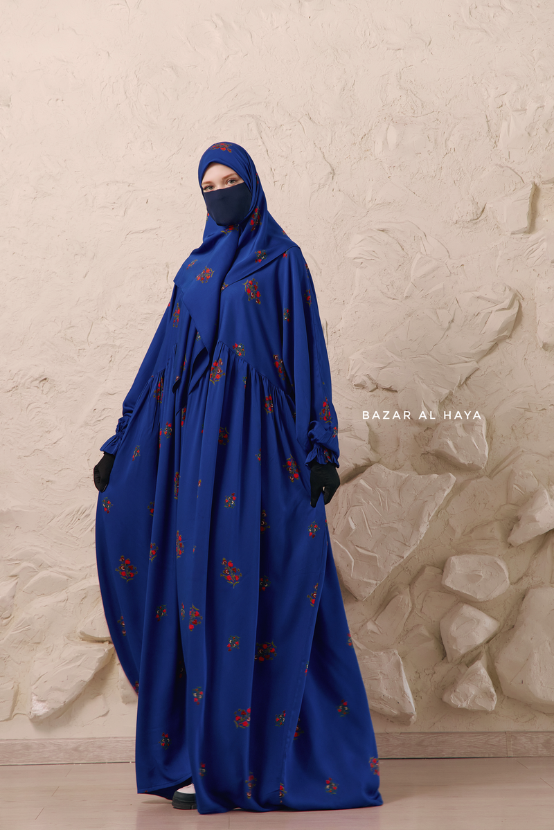 Royal Blue Mahfuza Oversized Abaya Dress With Hijab Two Piece Set