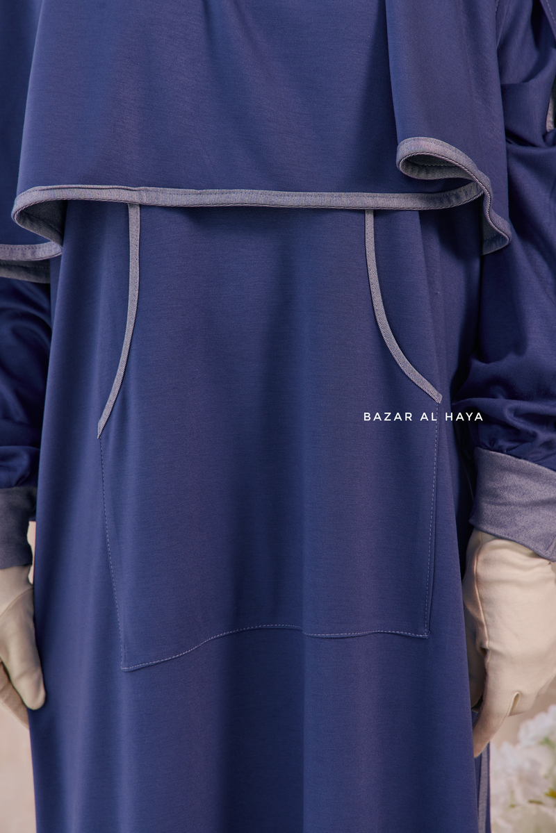 Khalida Denim Blue Modest Sportswear With Hijab Set - Stretchy & Breathable