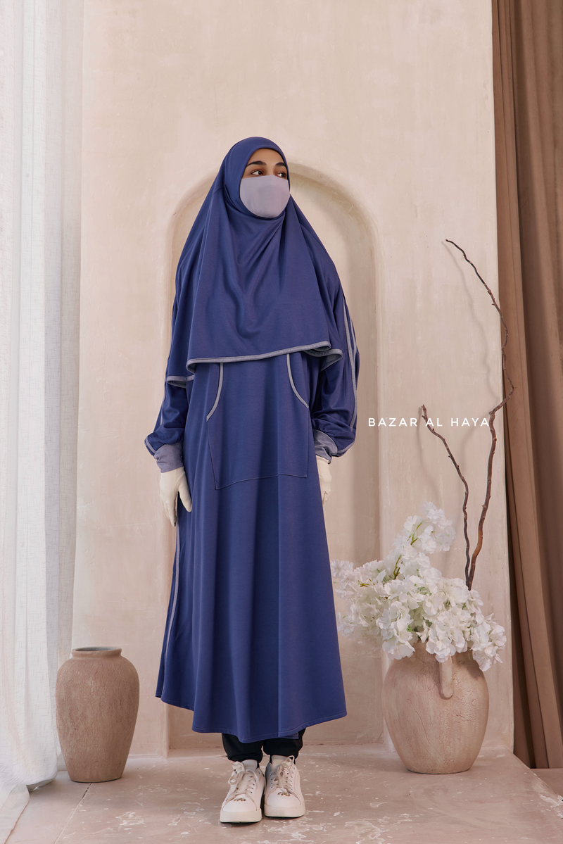 Khalida Denim Blue Modest Sportswear With Hijab Set - Stretchy & Breathable