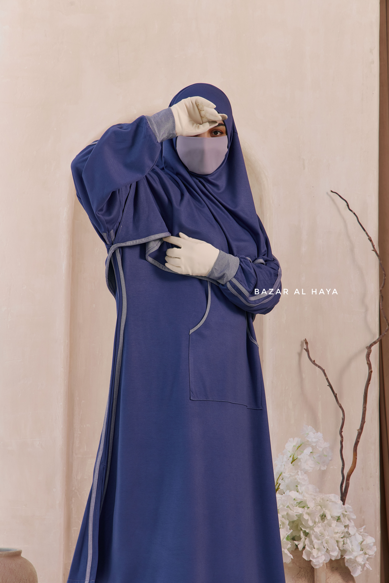 Khalida Denim Blue Modest Sportswear With Hijab Set - Stretchy & Breathable