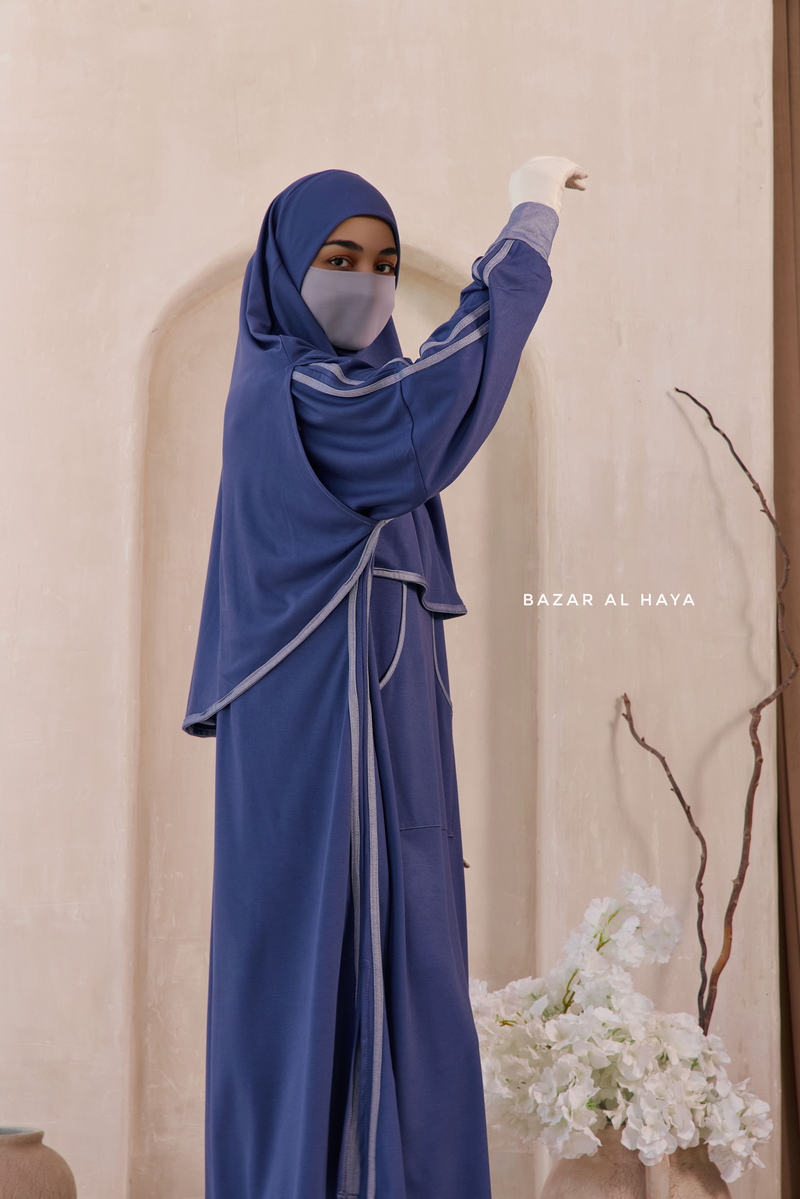 Khalida Denim Blue Modest Sportswear With Hijab Set - Stretchy & Breathable