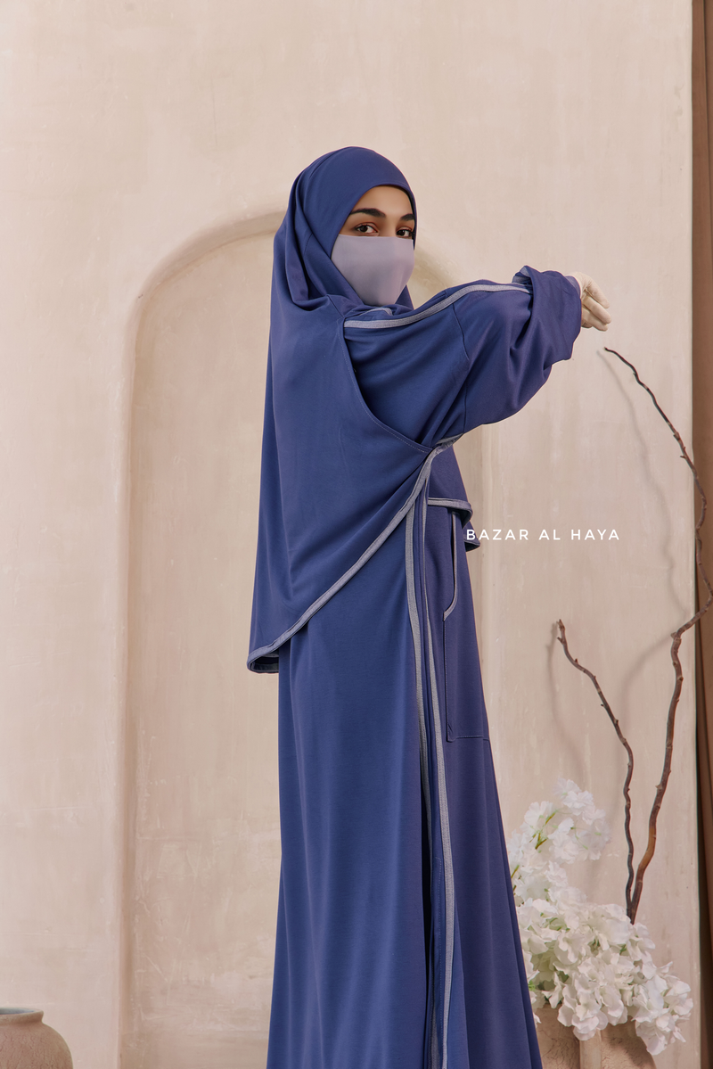 Khalida Denim Blue Modest Sportswear With Hijab Set - Stretchy & Breathable