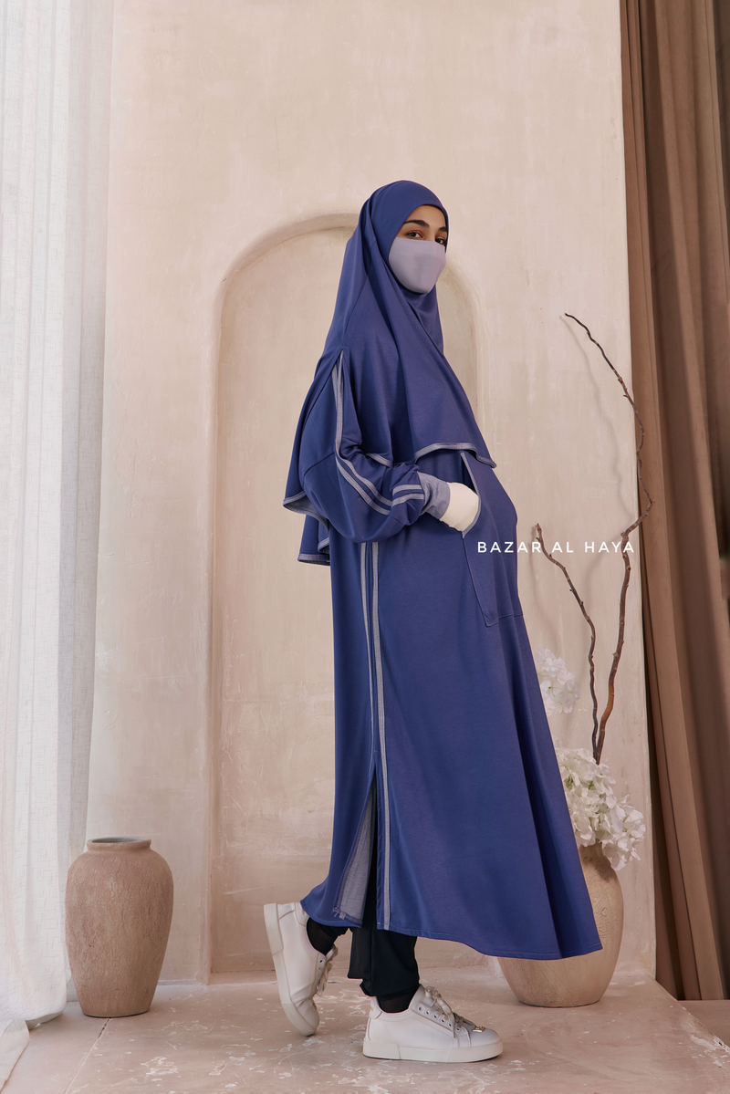Khalida Denim Blue Modest Sportswear With Hijab Set - Stretchy & Breathable