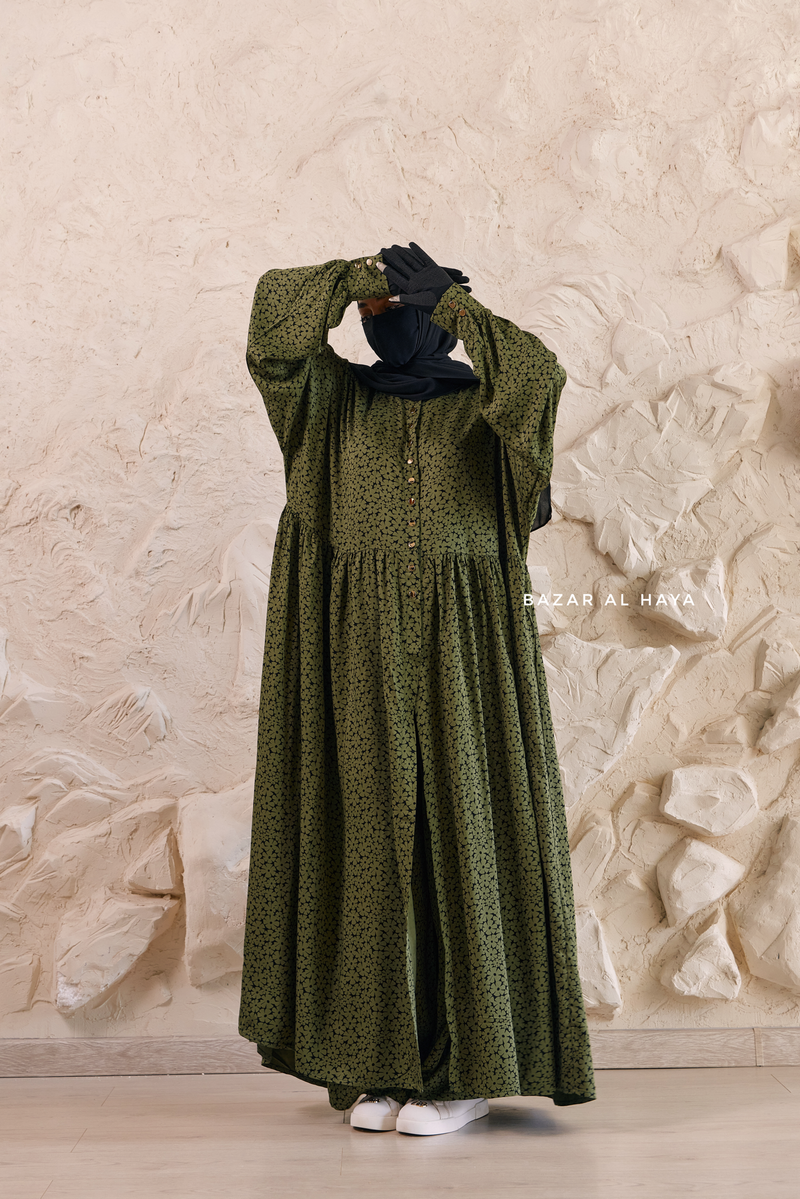Olive Maryam Floral Abaya Dress & Pants Set In Premium Silk Cotton