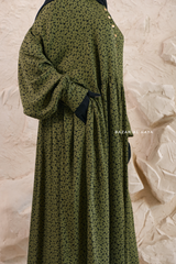 Olive Maryam Floral Abaya Dress & Pants Set In Premium Silk Cotton - Oversized