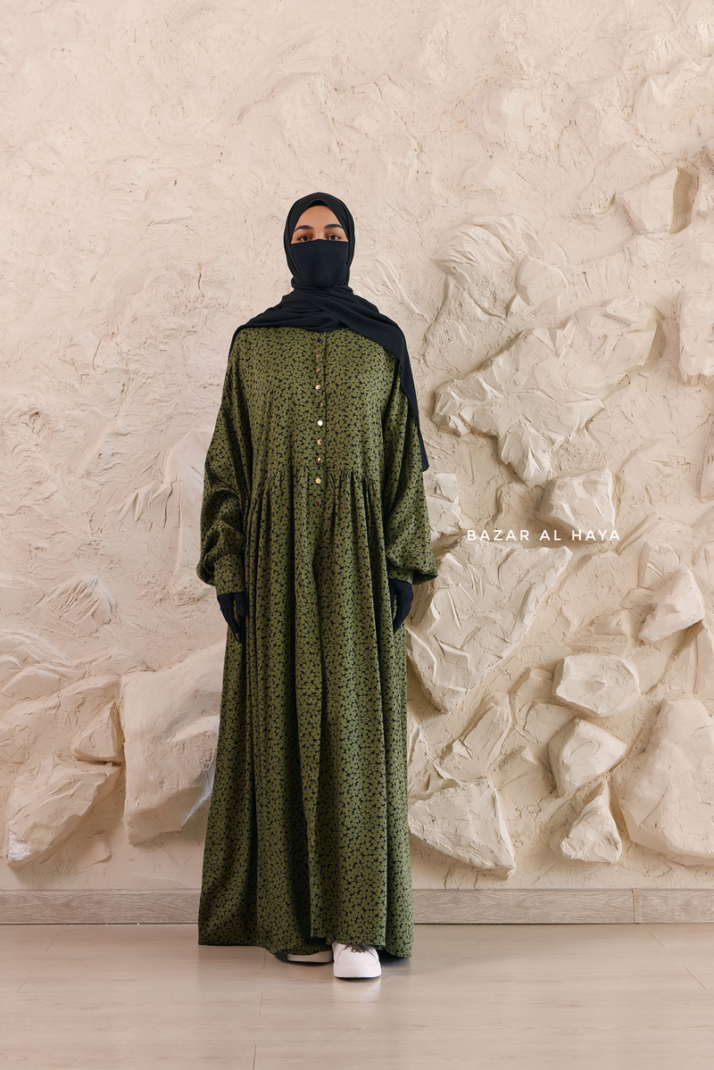 modern abaya dress Olive Maryam Floral Abaya Dress & Pants Set In Premium Silk Cotton