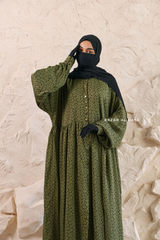Olive Maryam Floral Abaya Dress & Pants Set In Premium Silk Cotton - Oversized