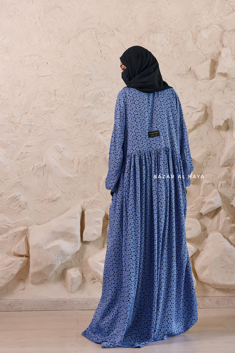 Blue Maryam Floral Abaya Dress & Pants Set In Premium Silk Cotton