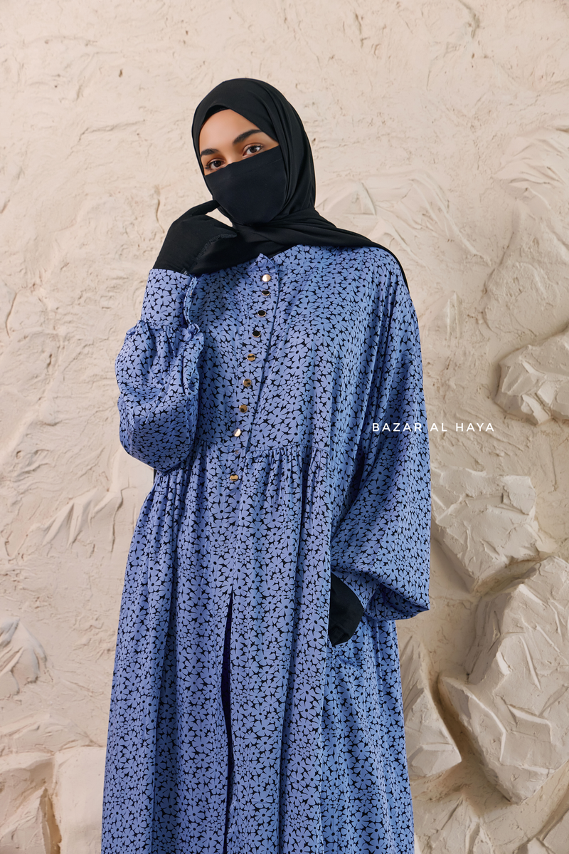 Blue Maryam Floral Abaya Dress & Pants Set In Premium Silk Cotton