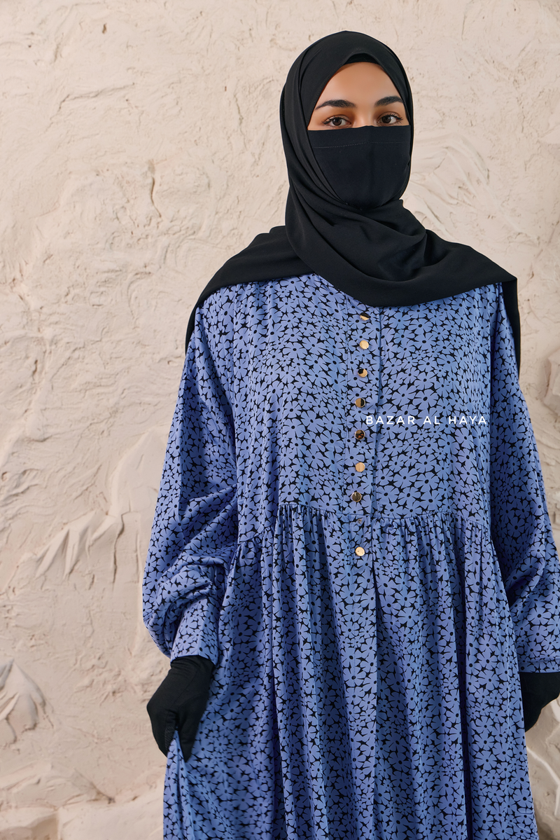 Blue Maryam Floral Abaya Dress & Pants Set in Premium Silk Cotton