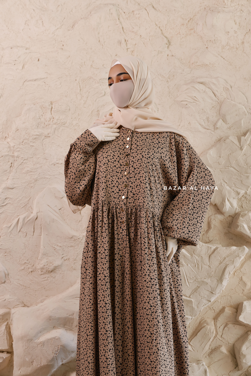 Mocha Maryam Floral Abaya Dress & Pants Set In Premium Silk Cotton - Oversized S Mocha Maryam Floral Abaya Dress & Pants Set In Premium Silk Cotton - Oversized S