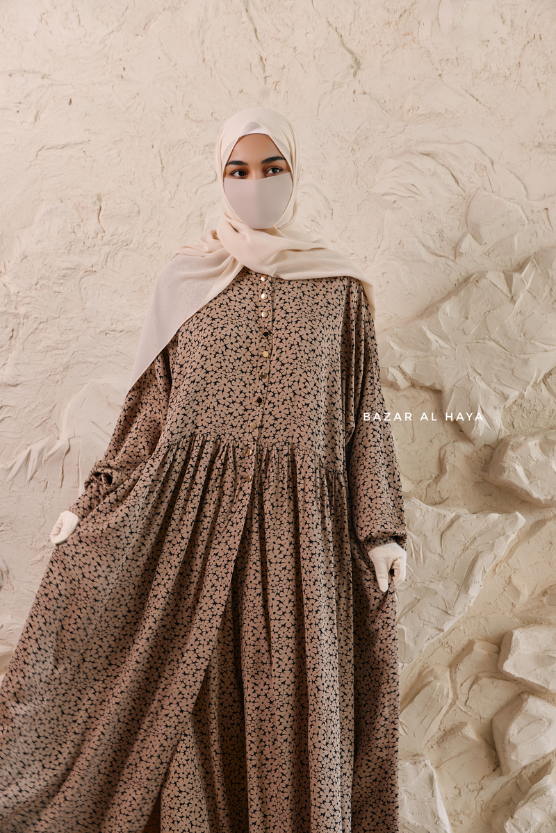 Mocha Maryam Floral Abaya Dress & Pants Set In Premium Silk Cotton - Oversized