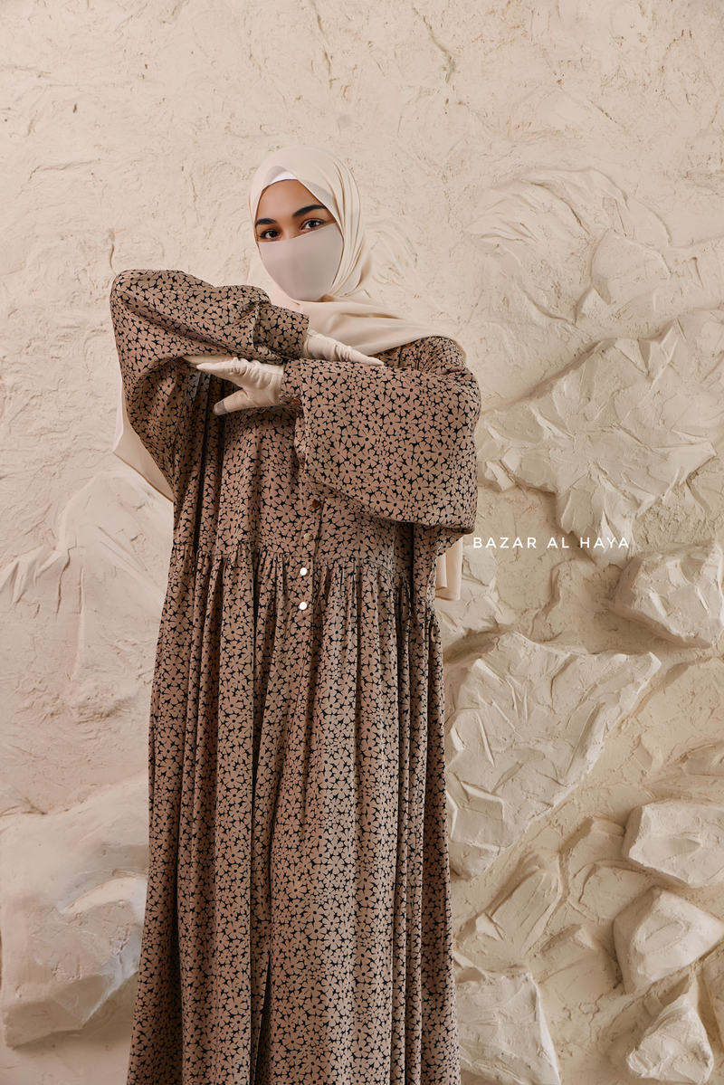 Mocha Maryam Floral Abaya Dress & Pants Set In Premium Silk Cotton - Oversized