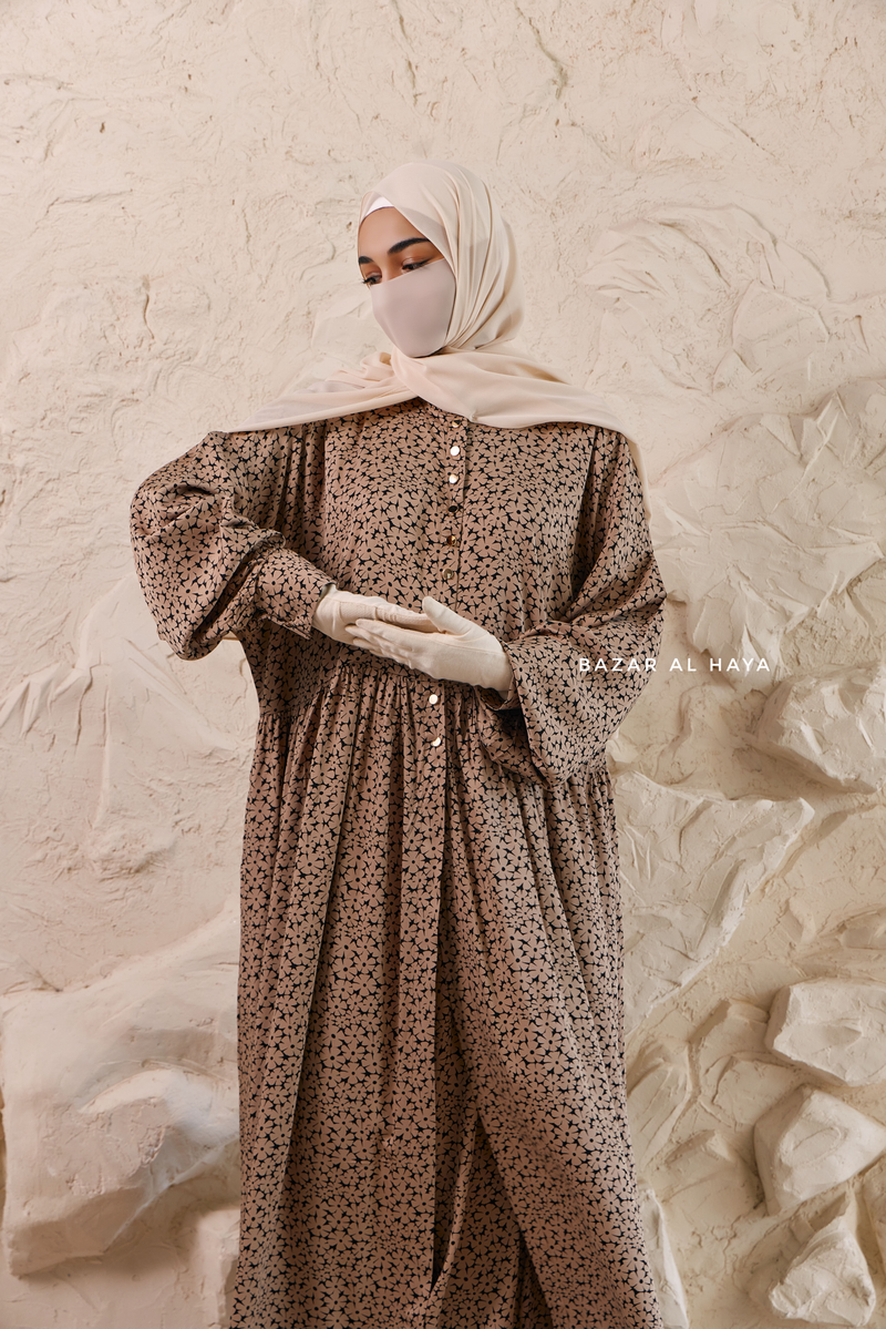 Mocha Maryam Floral Abaya Dress & Pants Set In Premium Silk Cotton - Oversized