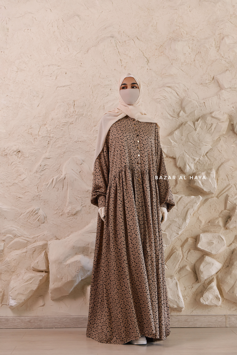Mocha Maryam Floral Abaya Dress & Pants Set In Premium Silk Cotton - Oversized