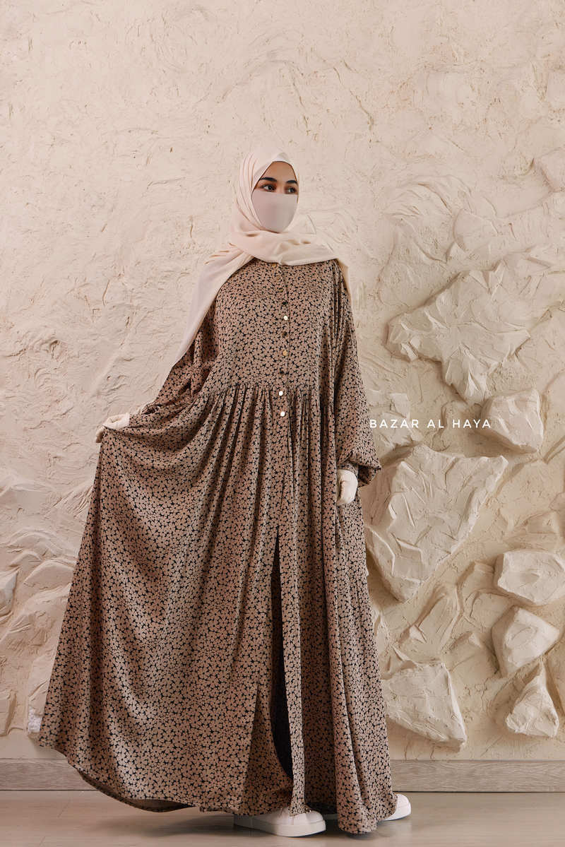 Mocha Maryam Floral Abaya Dress & Pants Set In Premium Silk Cotton - Oversized