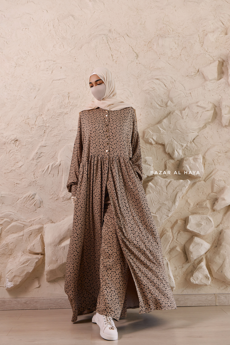 Mocha Maryam Floral Abaya Dress & Pants Set In Premium Silk Cotton - Oversized