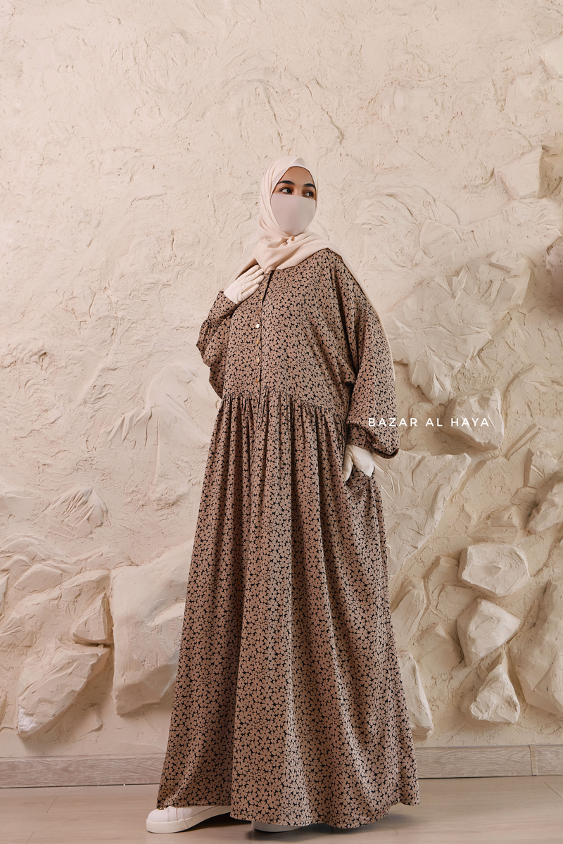 Mocha Maryam Floral Abaya Dress & Pants Set In Premium Silk Cotton - Oversized
