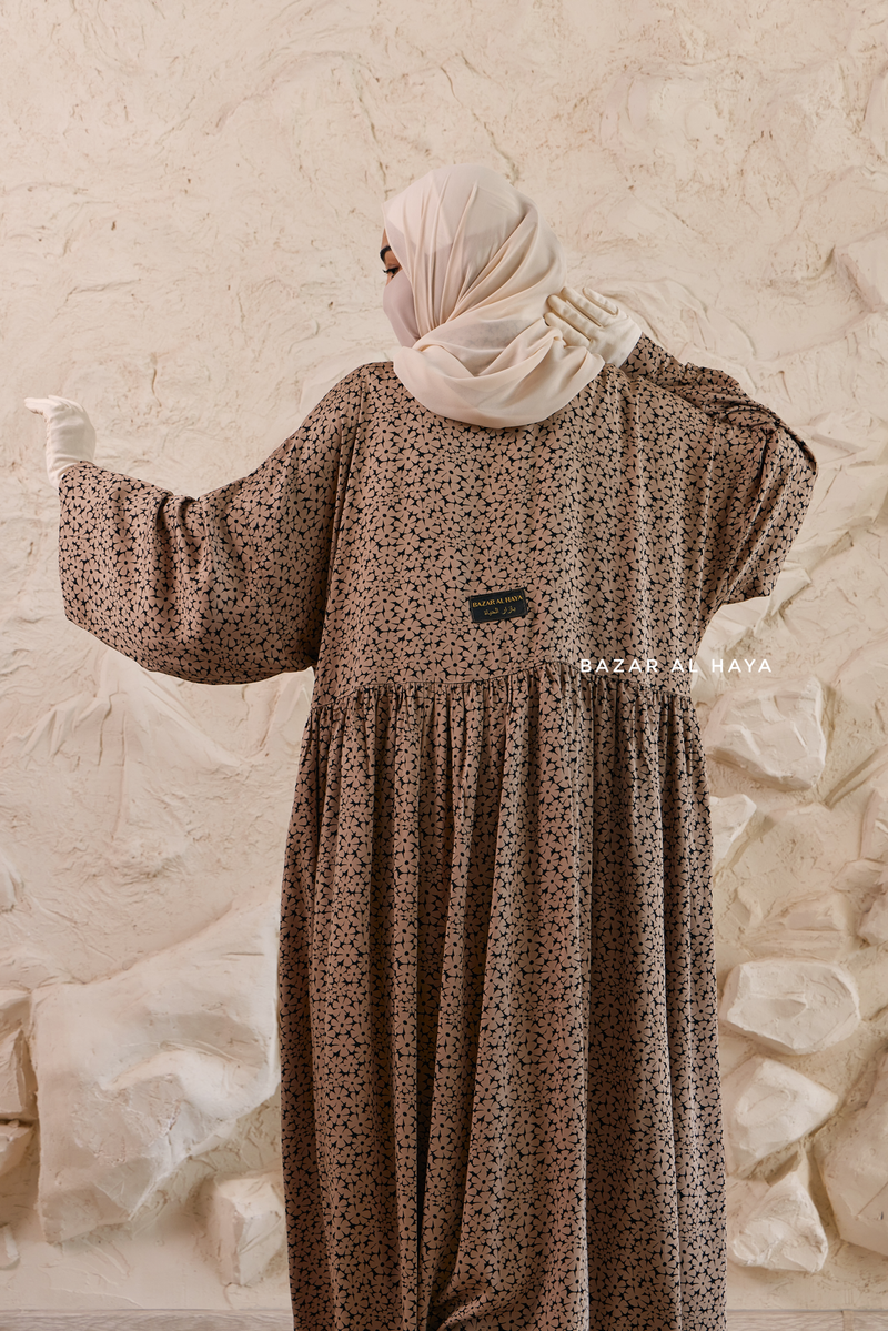 Mocha Maryam Floral Abaya Dress & Pants Set In Premium Silk Cotton - Oversized