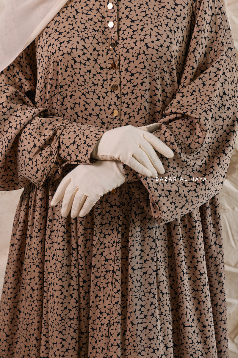 Mocha Maryam Floral Abaya Dress & Pants Set In Premium Silk Cotton - Oversized