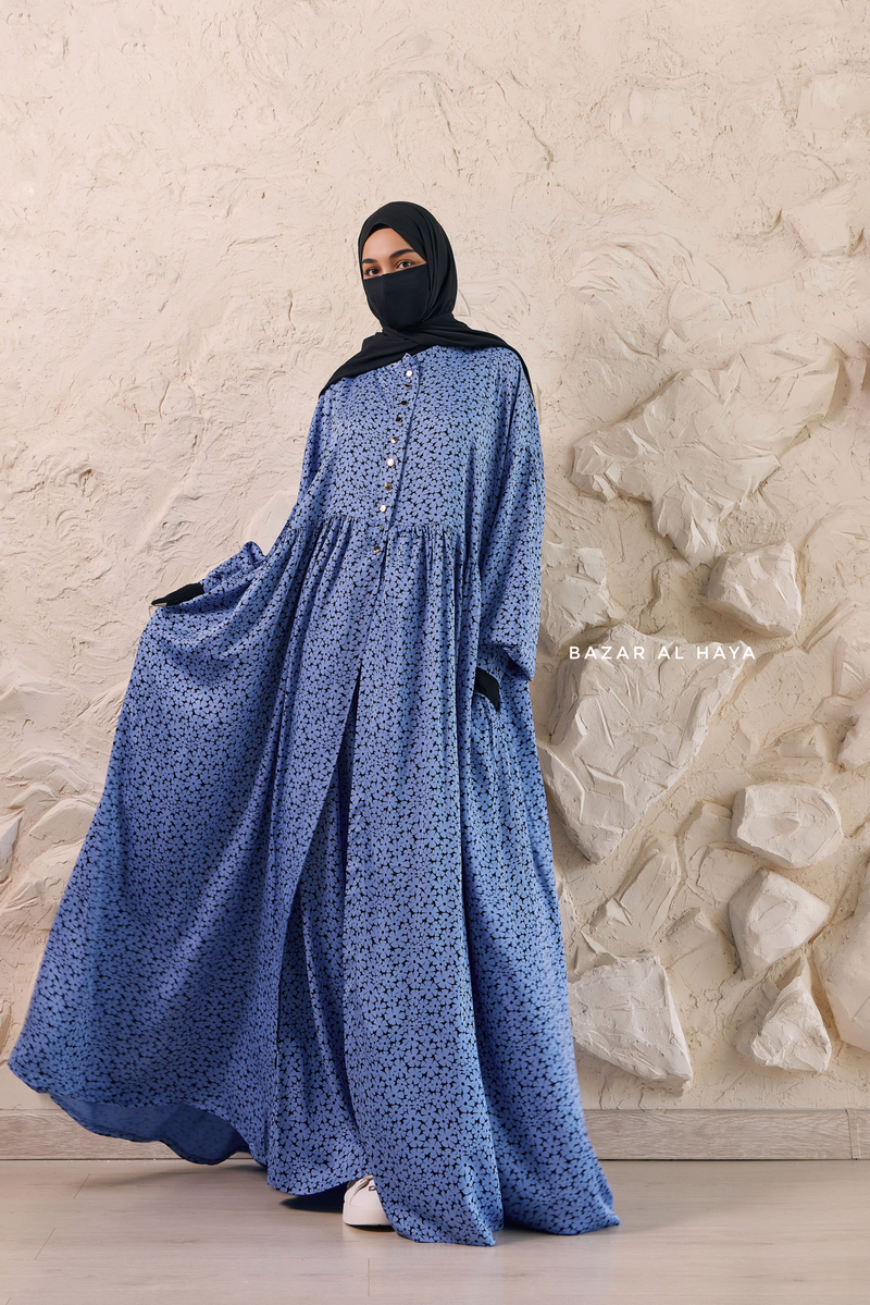 Blue Maryam Floral Abaya Dress & Pants Set in Premium Silk Cotton