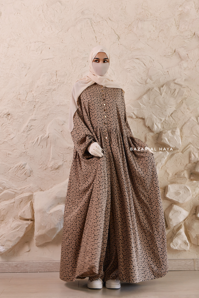 Mocha Maryam Floral Abaya Dress & Pants Set In Premium Silk Cotton - Oversized