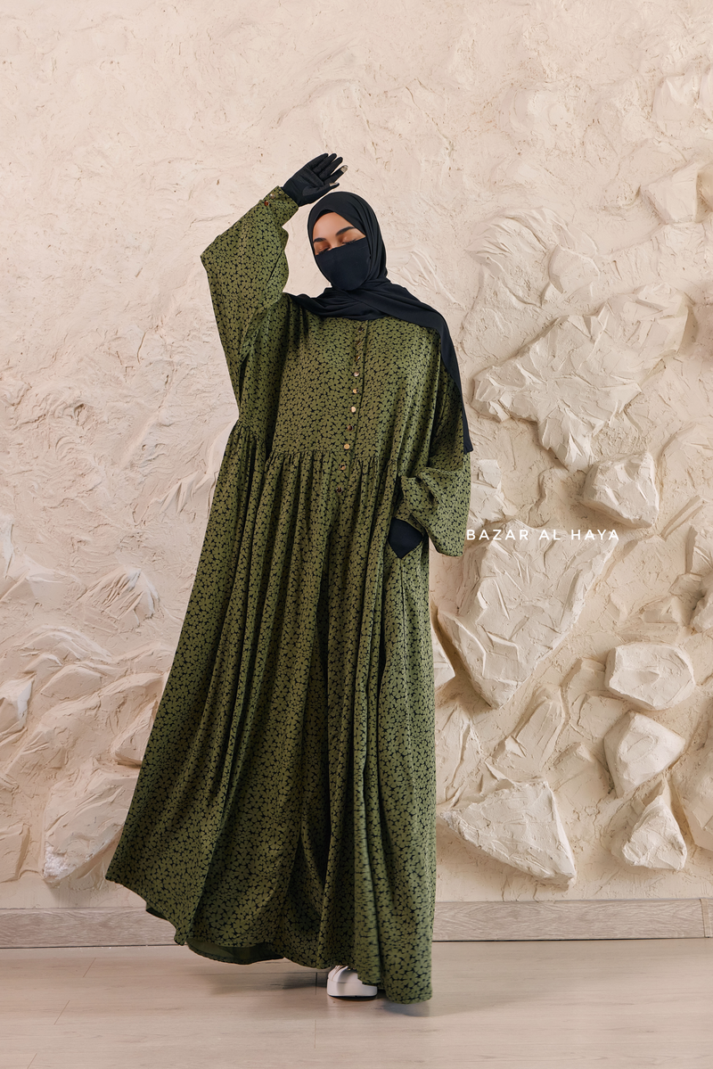 Olive Maryam Floral Abaya Dress & Pants Set In Premium Silk Cotton