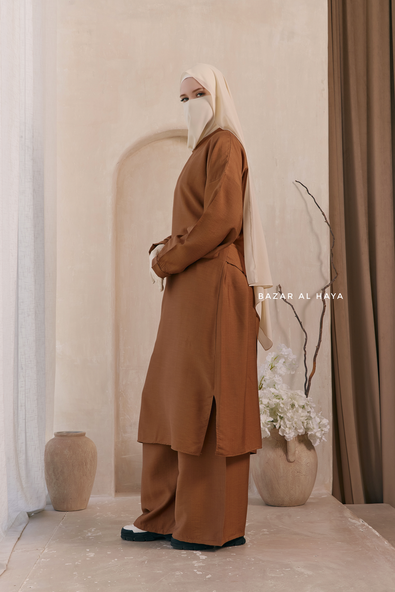 Cappuccino Elmira Two Piece Top Dress & Pants Set In Premium Cotton Leon