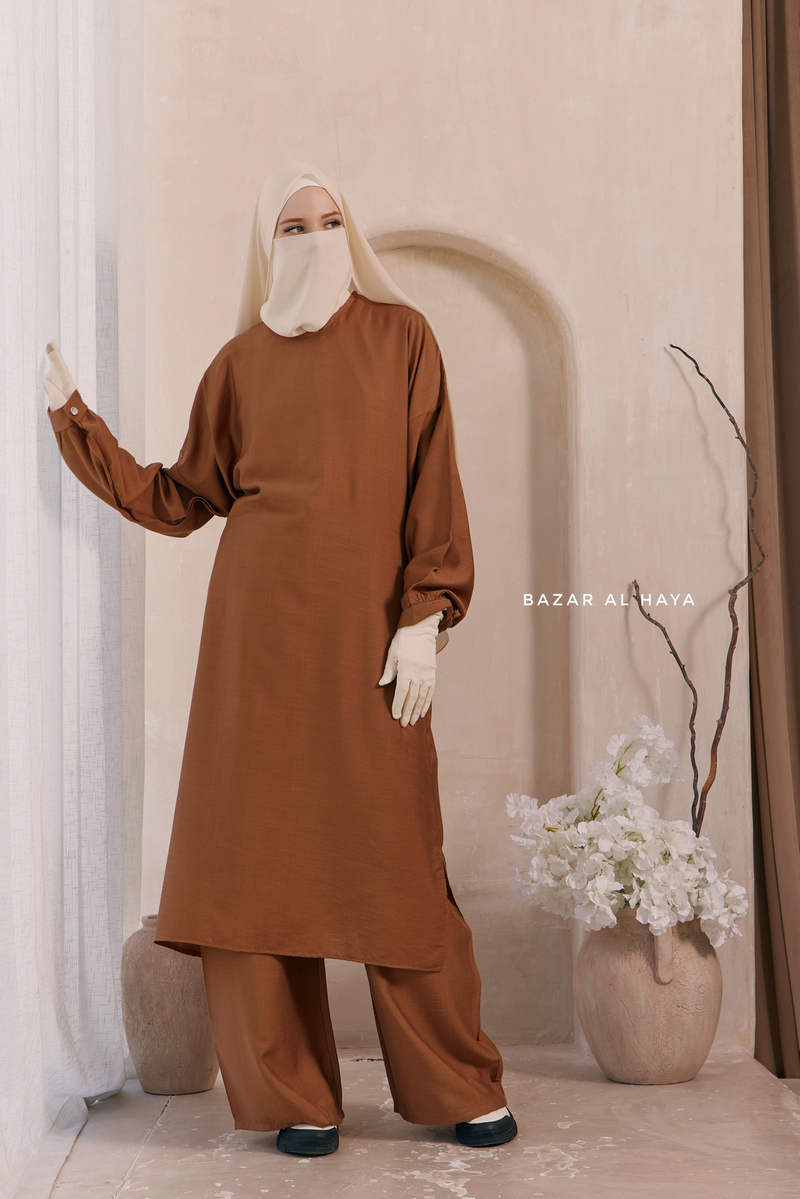 Cappuccino Elmira Two Piece Top Dress & Pants Set In Premium Cotton Leon