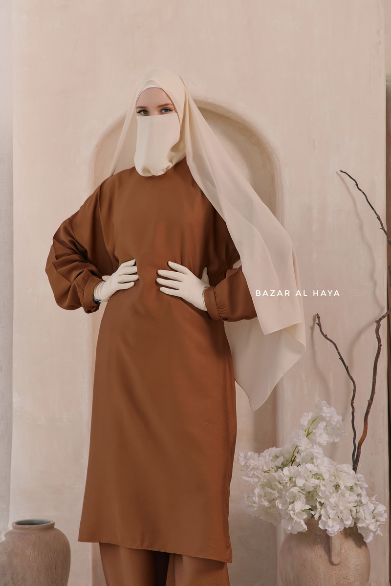 Cappuccino Elmira Two Piece Top Dress & Pants Set In Premium Cotton Leon