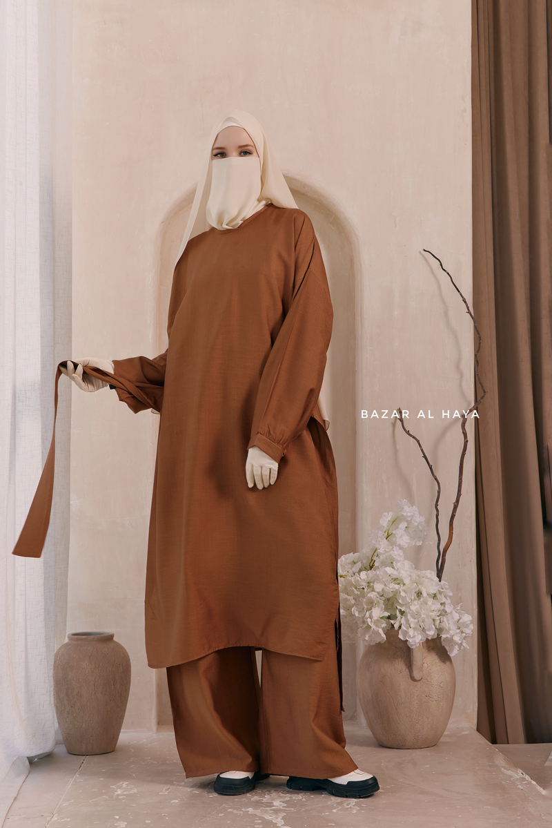 Cappuccino Elmira Two Piece Top Dress & Pants Set In Premium Cotton Leon