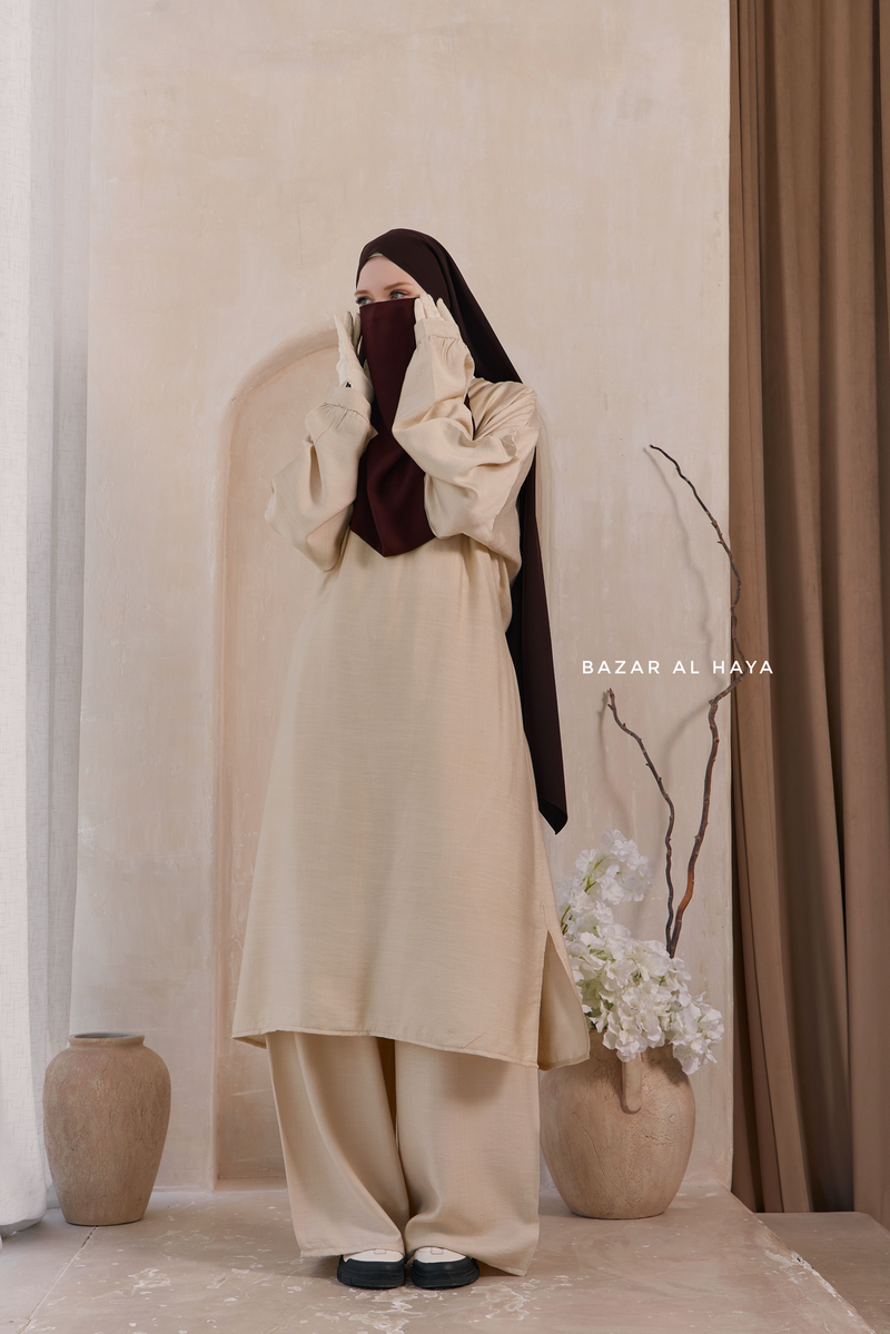 Ivory Elmira Two Piece Top Dress & Pants Set In Premium Cotton Leon