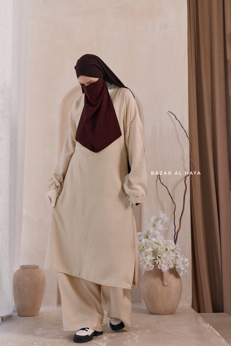 Ivory Elmira Two Piece Top Dress & Pants Set In Premium Cotton Leon